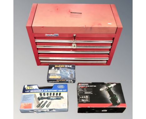 A Superline Pro enamelled tool box, a box air ratchet, rivet gun and air shears 
