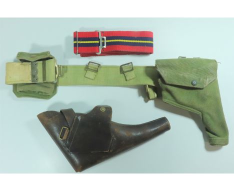 Sundry British army accoutrements comprising a Second World War Pattern 1937 revolver holster and ammunition pouch, a stable 