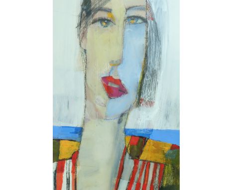 Jonathan Hood (Contemporary) "Beach Girl", dynamic, stylized, head and shoulders portrait, mixed media, card mounted in frame
