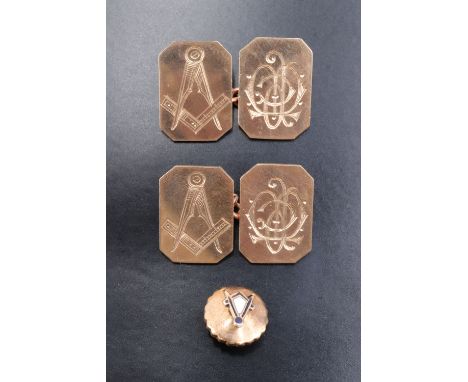 A set of 1950s Masonic 9 ct gold cufflinks, their canted oblong faced respectively engraved in depiction of a square and divi
