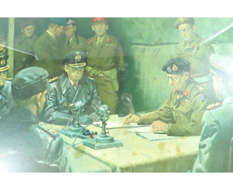After Terence Cuneo, "The Germans Surrender: Luneberg Heath, May 4, 1945", lithographic print, circa 1969, framed under glass