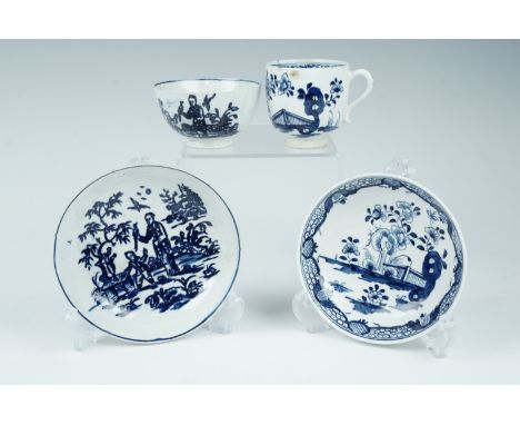 Two 18th Century blue and white tea bowls and saucers, Lowestoft and Liverpool, largest saucer 13.5 cm diameter