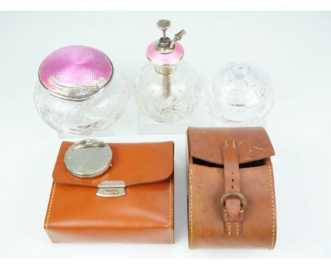 A guilloche and silver enamelled powder pot a/f, Birmingham, 1924, together with perfume atomizer, brush sets, a Yardley comp