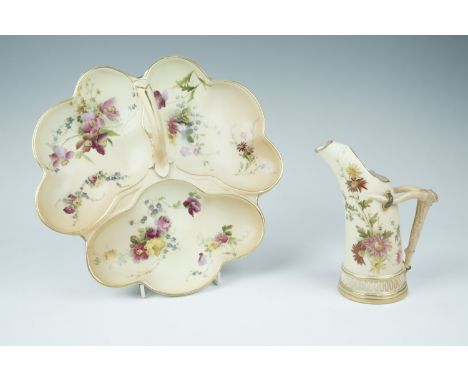 A late 19th Century Royal Worcester blush ivory hors d'oeuvre dish, and an antler jug, design numbers 1994 and 1116 respectiv