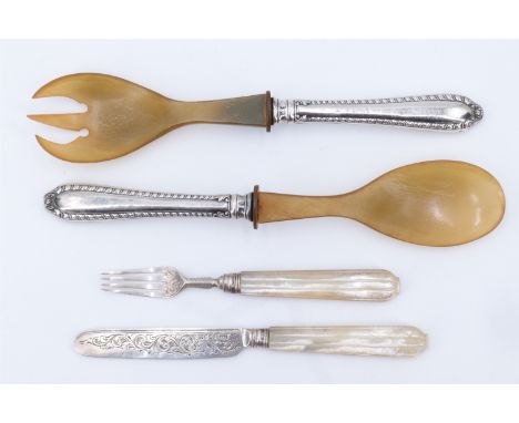 A Victorian mother-of-pearl handled fruit knife and fork together with a set of German 800 standard white metal mounted horn 