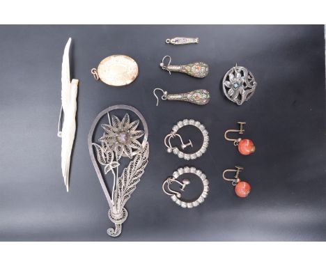 A pair of vintage micro-mosaic teardrop ear pendants together with a pair of polished agate drop earrings and one other set, 