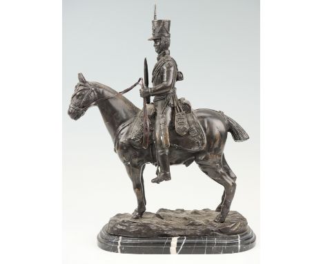 After J. R. Skeaping A cast bronze figure of a mounted Napoleonic cavalry hussar on a naturalistic base, bears signature J.R.