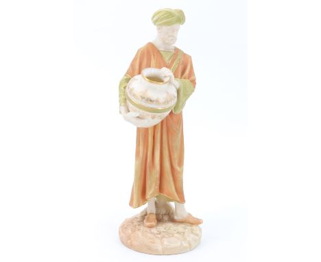 A late 19th Century Royal Worcester blush ivory figure of an Arab standing with a vase, model number 1250, 22.5 cm