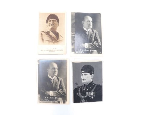 A collection of 1930s - 1940s postcards pertaining to Benito Mussolini including a machine woven silk portrait