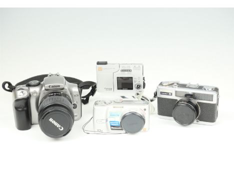 A group of cameras, comprising a Fujica Compact 35, a Lumix TZ1, a boxed Canon EOS 300D digital, a boxed Finecam SL400R, toge