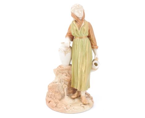 A late 19th Century Royal Worcester blush ivory figure of a maiden leaning on a vase, with a jug in her hand, model number 18