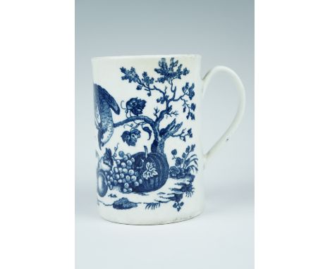 A first period 'Dr Wall' Worcester 'Parrot Pecking Fruit' pattern transfer printed tankard, underglaze cursive 'W' mark to ba