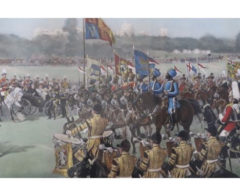 After R Caton Woodville "Queen and Empire", watercolour tinted engraving depicting British and Colonial soldier parading befo