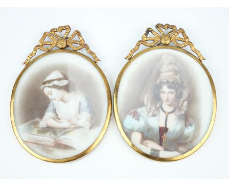 A pair of early 20th Century portrait miniatures depicting young ladies, Mrs Lister, and Miss Hoare, painted on glass in gilt