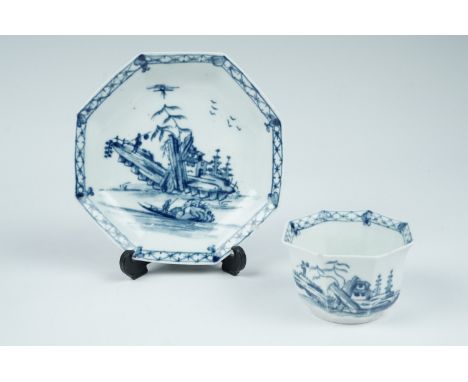 An 18th Century early Worcester tea bowl and saucer, of octagonal form decorated with scenes of  fishermen, underglaze blue m