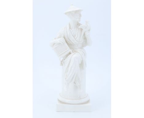 A late 19th Century Royal Worcester blanc de chine figure of L'Oiseau, an Oriental man sitting on a column, with a bird in on