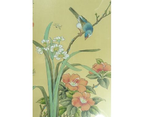 A Chinese watercolour on fabric study of a finch amongst blossom, calligraphic signature and red seal mark, in card mount and