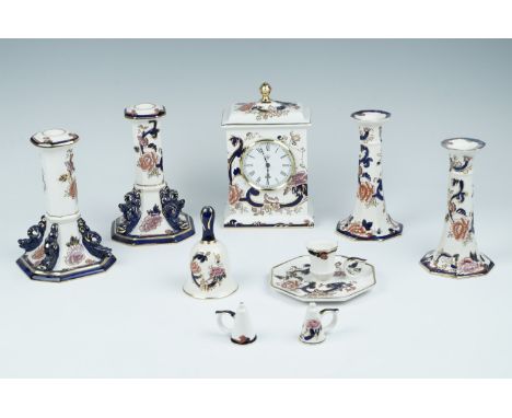 A Mason's Mandalay clock, candlesticks, bell etc