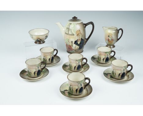 A Royal Doulton series ware coffee set, including Mr Macawber coffee pot, Fagin and Artful Dodger basin etc, coffee pot 18.5 