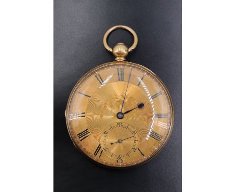A Victorian 18 ct gold pocket watch, having a key wind and set movement, an engine turned gold dial bearing enamelled Roman n