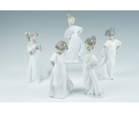 Five Nao figurines, girl with fan, girl with puppy etc, tallest 22 cm