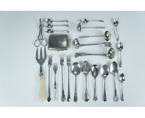 A quantity of antique electroplate including an Ivorine handled bread fork, grape scissors, sauce ladles, pickle forks etc