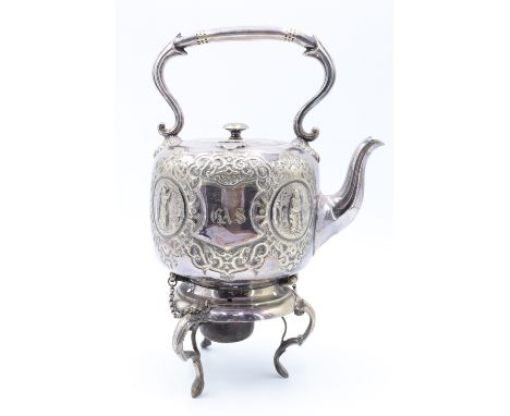 A Victorian electroplate spirit kettle and stand, of ovoid form bearing embossed scenes and strapwork decoration, 33 cm, (a/f