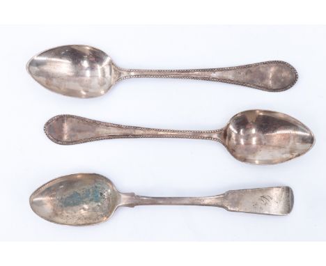 A 19th Century Scottish silver fiddle pattern teaspoon, Robert Naughten, Edinburgh, 1840 and a pair Celtic point teaspoons, h