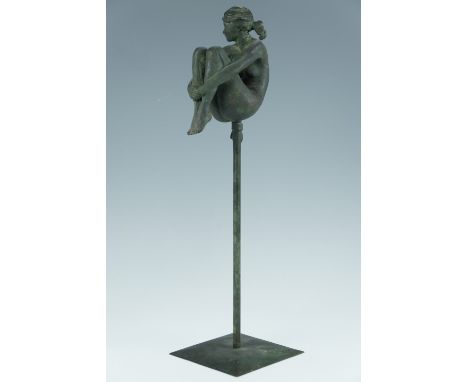 David Williams-Ellis, "WE5", cast bronze female nude sculpture, posed sitting holding her legs, head to one side, mounted on 