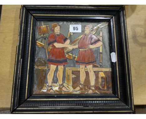 A Framed Copeland Ceramic Tile Depicting Merchants, Titled Dromio