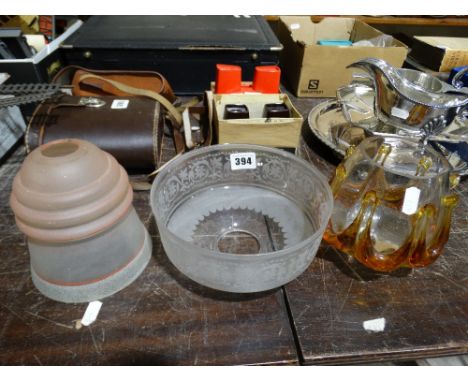 An Edwardian Etched Glass Lamp Shade & Two Others