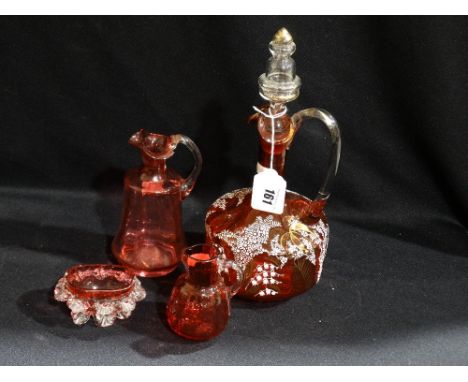 A Victorian Cranberry Tinted Decanter Together With Further Glassware