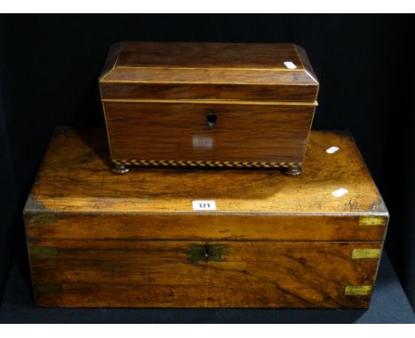 A Victorian Mahogany & Brass Bound Writing Slope Together With A 19th Century Mahogany Tea Caddy