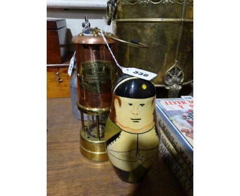 A Late Copper & Brass Safety Lamp Together With A Wooden Russian Doll Set