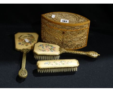 A Wooden Filigree Work Tea Caddy Of Oval Form Together With A Small Quantity Of Dressing Table Brushes