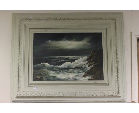 Large Green Painted Framed Oil on Canvas of Seascape signed Wolfgang