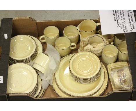 Poole 'Compact' style (yellow oatmeal) including eight tea plates, eight cups, 21 saucers, two dinner plates, breakfast plate