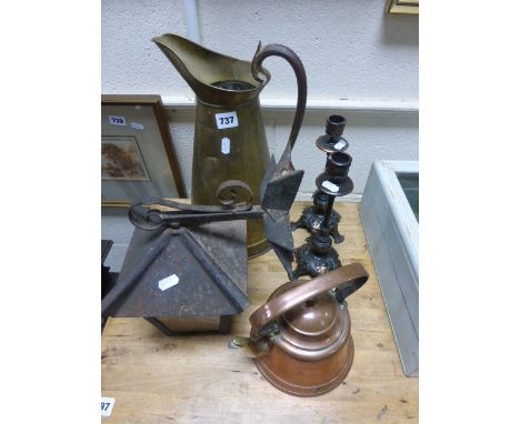 Pair of 19th C French gilt brass candlesticks plus Victorian ewer, copper kettle and wall lantern