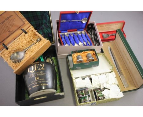Mixed Lot comprising Pewter Cultery & Napkin Ring, Cloisonne, Cased QE2 Ceramic Whiskey Decanter (full)