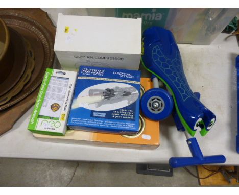 Baby air compressor, rifle sight, boxed halogen spot light, Scuttlebug etc