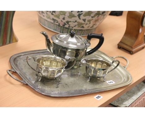 Silver Plated Three Piece Tea Service together with a Silver Plated Twin Handled Serving Tray