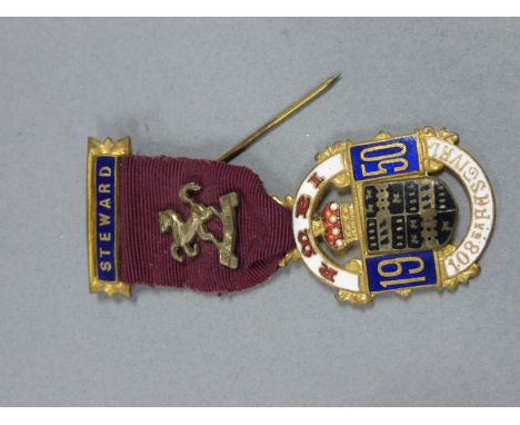 Gilt & enamel Masonic 'RMBI' medal dated 1950 with ribbon and steward bar