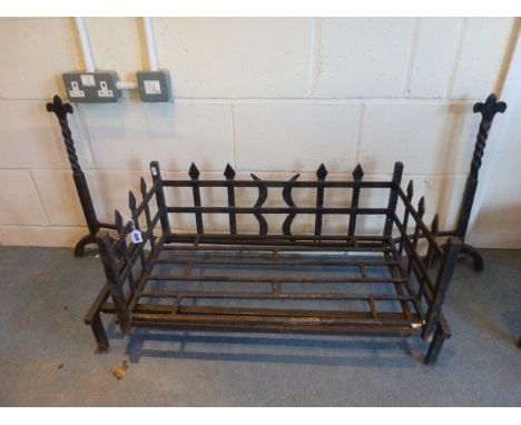 Large Iron Fire Grate with Fleur De Lys Supports plus an Old Lawn Mower