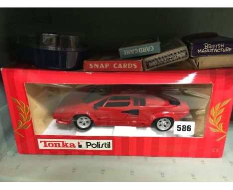 Boxed Tonka Polistil Lamborghini, Nine Miniature Wooden Carpet Bowls and Five Packs of Playing Cards including Pepys Muffin t