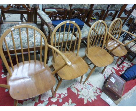 Set of Four Ercol Beech and Elm Hoop Back Dining Chairs (including Two Carvers)