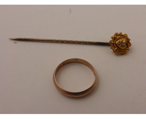 9ct Gold Wedding Band plus a Stick Pin with 15ct Head