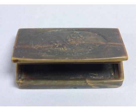 19th C pressed horn French snuff box with figurative scene to lid