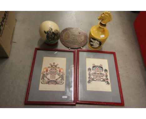 Painted Ostrich Egg, Ceramic Decanter with Horse Head Stopper, Perpetual Calendar, Two Signed Richard Hunt Prints