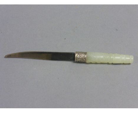 Oriental white metal knife with a carved Jade handle