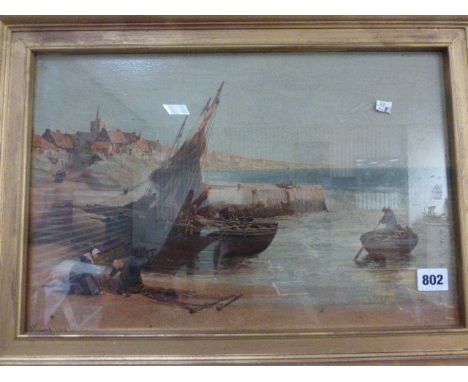 Seascape Print of fishing boats on artists board signed and dated W. Young 1906